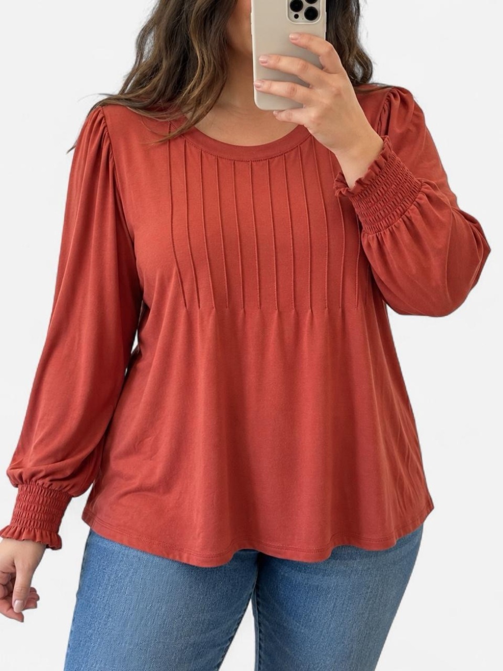 AUTOMET Rust Pintuck Smocked Cuff Long Sleeve Blouse 2XL
